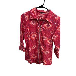 Threehearts Red Pink Ikat Print Zip Up Tunic Blouse Sz Small